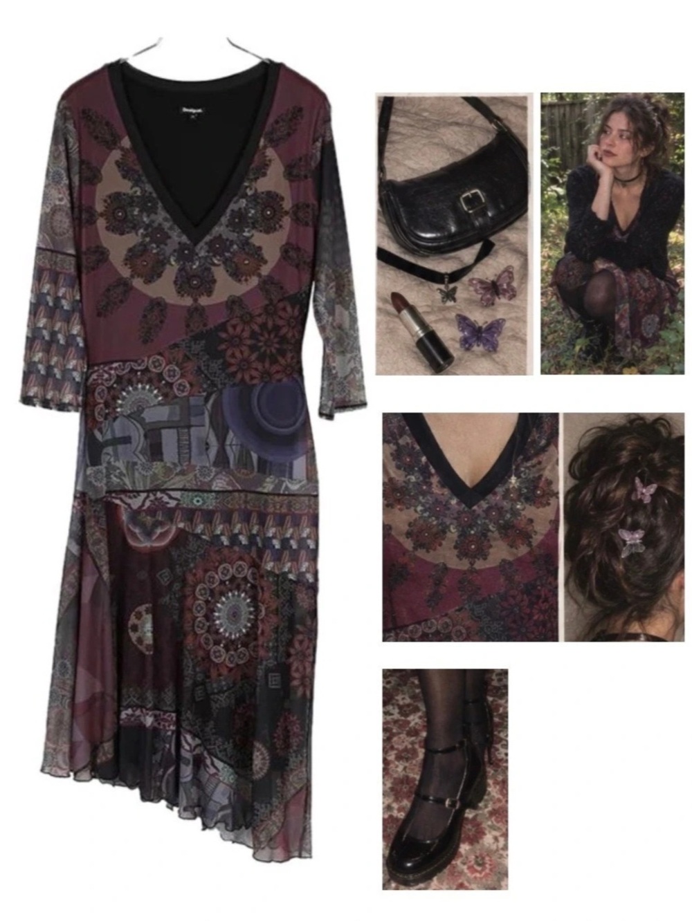 90s fall vibe Desigual Printed V-Neck Midi Dress Purple & Black Size Medium